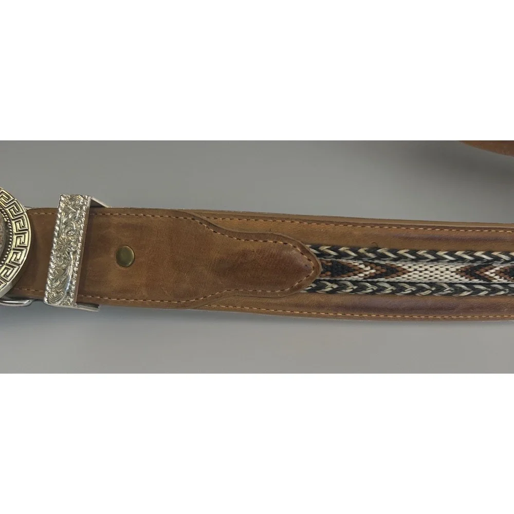 Nocona Genuine Leather Belt Size 42 w/ Gothic Skull Belt Buckle Greek Key Biker